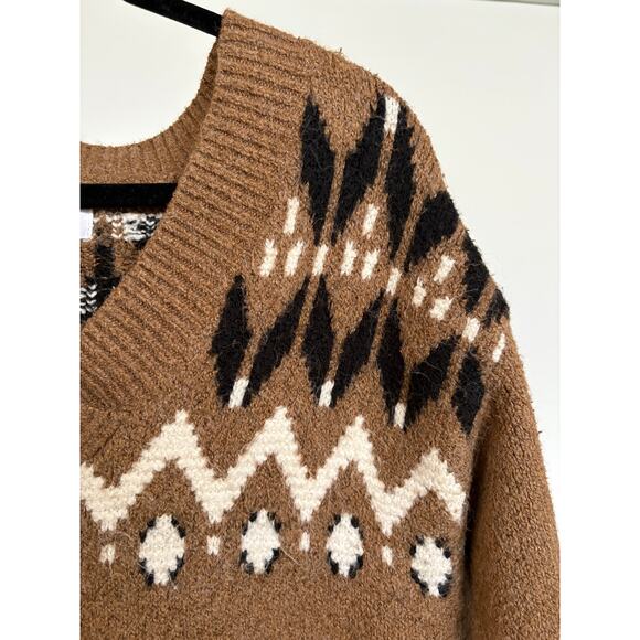 Southwestern Aztec Cabin Print Woodsy Forest Brown Knit Pullover Sweater Small - Picture 2 of 5
